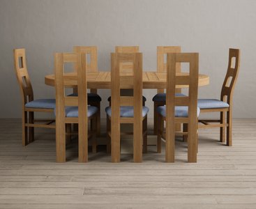 View Extending helmsley oak and cream painted pedestal dining table with 8 blue natural chairs View Extending helmsley oak and cream painted pedestal dining table with 8 blue natural chairs