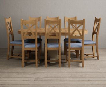 View Extending helmsley oak and cream painted pedestal dining table with 8 blue natural solid oak chairs View Extending helmsley oak and cream painted pedestal dining table with 8 blue natural solid oak chairs