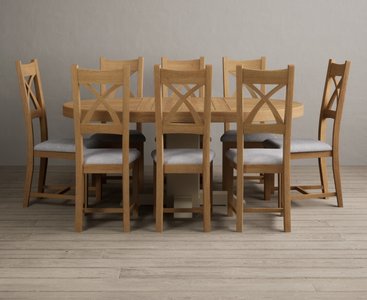 View Extending helmsley oak and cream painted pedestal dining table with 8 light grey natural solid oak chairs View Extending helmsley oak and cream painted pedestal dining table with 8 light grey natural solid oak chairs