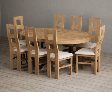 View Extending helmsley oak and cream painted pedestal dining table with 8 linen natural chairs View Extending helmsley oak and cream painted pedestal dining table with 8 linen natural chairs