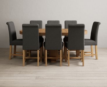 View Extending helmsley solid oak pedestal dining table with 8 charcoal grey braced chairs View Extending helmsley solid oak pedestal dining table with 8 charcoal grey braced chairs