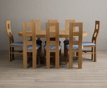 View Extending helmsley solid oak pedestal dining table with 8 blue natural chairs View Extending helmsley solid oak pedestal dining table with 8 blue natural chairs