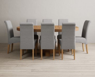 View Extending helmsley solid oak pedestal dining table with 8 grey scroll back chairs View Extending helmsley solid oak pedestal dining table with 8 grey scroll back chairs