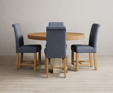 View Extending helmsley oak and cream painted pedestal dining table with 4 blue braced chairs View Extending helmsley oak and cream painted pedestal dining table with 4 blue braced chairs