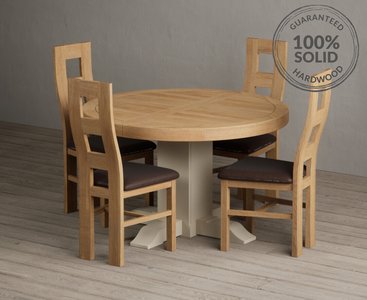 View Extending helmsley oak and cream painted pedestal dining table with 4 brown natural chairs View Extending helmsley oak and cream painted pedestal dining table with 4 brown natural chairs