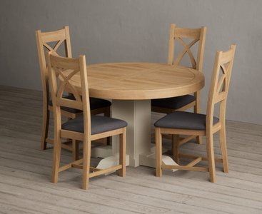 View Extending helmsley oak and cream painted pedestal dining table with 4 light grey natural solid oak chairs View Extending helmsley oak and cream painted pedestal dining table with 4 light grey natural solid oak chairs