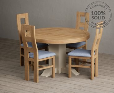 View Extending helmsley oak and cream painted pedestal dining table with 4 blue natural chairs View Extending helmsley oak and cream painted pedestal dining table with 4 blue natural chairs