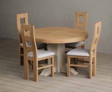 View Extending helmsley oak and cream painted pedestal dining table with 4 light grey natural chairs View Extending helmsley oak and cream painted pedestal dining table with 4 light grey natural chairs
