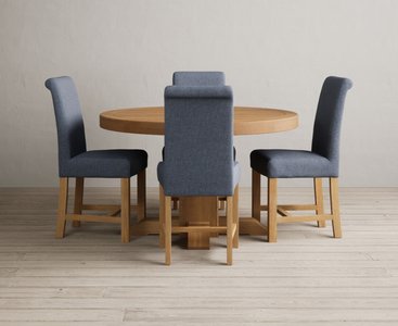 View Extending helmsley solid oak pedestal dining table with 4 blue braced chairs View Extending helmsley solid oak pedestal dining table with 4 blue braced chairs