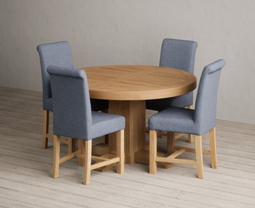 View Extending helmsley oak pedestal dining table with 4 blue braced chairs View Extending helmsley oak pedestal dining table with 4 blue braced chairs