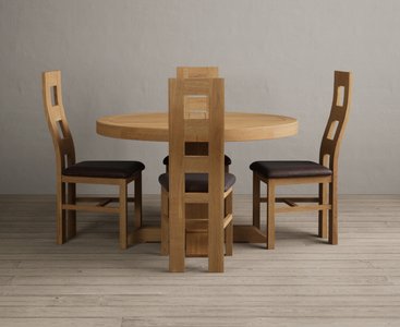 View Extending helmsley solid oak pedestal dining table with 4 brown natural chairs View Extending helmsley solid oak pedestal dining table with 4 brown natural chairs