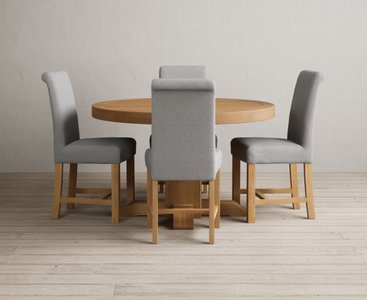 View Extending helmsley solid oak pedestal dining table with 4 grey braced chairs View Extending helmsley solid oak pedestal dining table with 4 grey braced chairs