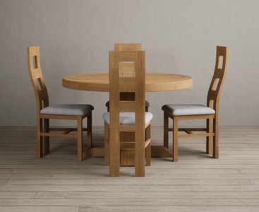 View Extending helmsley solid oak pedestal dining table with 4 light grey natural chairs View Extending helmsley solid oak pedestal dining table with 4 light grey natural chairs