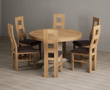 View Extending helmsley oak and cream painted pedestal dining table with 6 brown natural chairs View Extending helmsley oak and cream painted pedestal dining table with 6 brown natural chairs