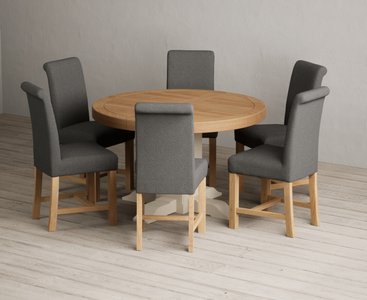 View Extending helmsley oak and cream painted pedestal dining table with 6 charcoal grey braced chairs View Extending helmsley oak and cream painted pedestal dining table with 6 charcoal grey braced chairs