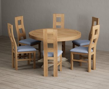 View Extending helmsley oak and cream painted pedestal dining table with 6 blue natural chairs View Extending helmsley oak and cream painted pedestal dining table with 6 blue natural chairs