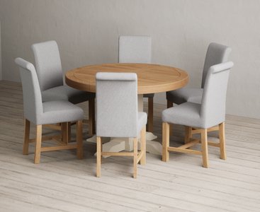 View Extending helmsley oak and cream painted pedestal dining table with 6 grey braced chairs View Extending helmsley oak and cream painted pedestal dining table with 6 grey braced chairs