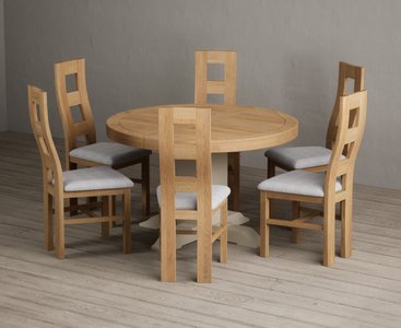 View Extending helmsley oak and cream painted pedestal dining table with 6 light grey natural chairs View Extending helmsley oak and cream painted pedestal dining table with 6 light grey natural chairs