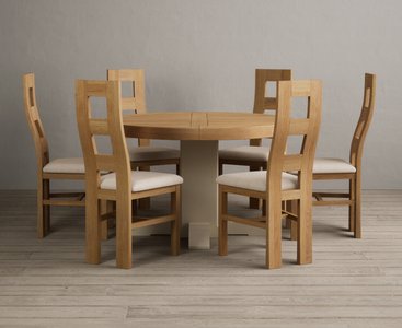 View Extending helmsley oak and cream painted pedestal dining table with 6 linen natural chairs View Extending helmsley oak and cream painted pedestal dining table with 6 linen natural chairs