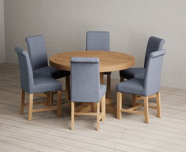 View Extending helmsley solid oak pedestal dining table with 6 blue braced chairs View Extending helmsley solid oak pedestal dining table with 6 blue braced chairs