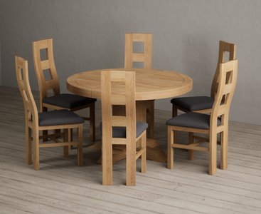 View Extending helmsley solid oak pedestal dining table with 6 charcoal grey natural chairs View Extending helmsley solid oak pedestal dining table with 6 charcoal grey natural chairs