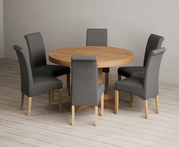 View Extending helmsley solid oak pedestal dining table with 6 charcoal grey scroll back chairs View Extending helmsley solid oak pedestal dining table with 6 charcoal grey scroll back chairs