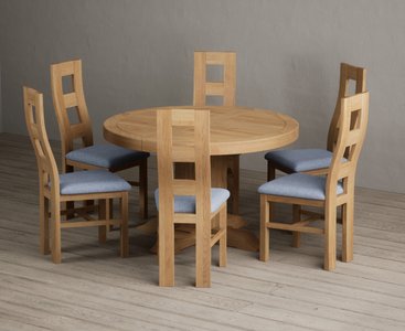 View Extending helmsley solid oak pedestal dining table with 6 blue natural chairs View Extending helmsley solid oak pedestal dining table with 6 blue natural chairs