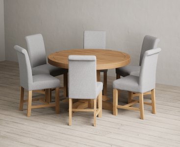 View Extending helmsley solid oak pedestal dining table with 6 grey braced chairs View Extending helmsley solid oak pedestal dining table with 6 grey braced chairs