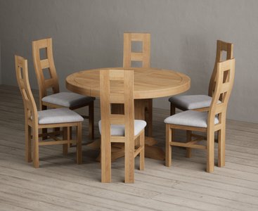 View Extending helmsley solid oak pedestal dining table with 6 light grey natural chairs View Extending helmsley solid oak pedestal dining table with 6 light grey natural chairs