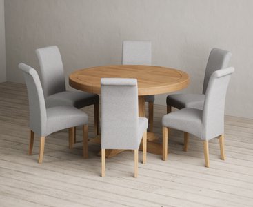 View Extending helmsley solid oak pedestal dining table with 6 grey scroll back chairs View Extending helmsley solid oak pedestal dining table with 6 grey scroll back chairs