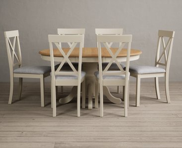 Photo of extending hertford 100cm - 130cm oak and cream painted pedestal dining table with 6 light grey hertford chairs