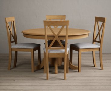 View Hertford 120cm fixed top solid oak round pedestal table with 4 light grey hertford chairs View Hertford 120cm fixed top solid oak round pedestal table with 4 light grey hertford chairs