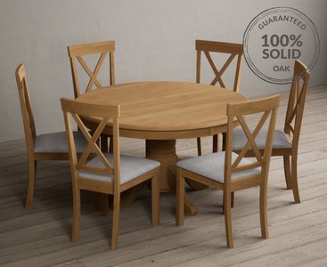 View Hertford 120cm fixed top solid oak round pedestal table with 6 light grey hertford chairs View Hertford 120cm fixed top solid oak round pedestal table with 6 light grey hertford chairs