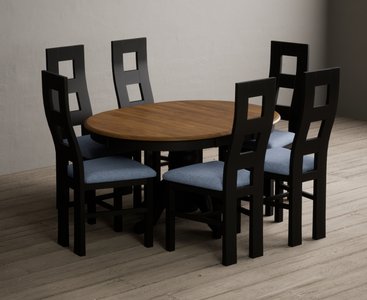 View Extending hertford 100cm - 130cm oak and black painted pedestal dining table with 6 blue painted chairs View Extending hertford 100cm - 130cm oak and black painted pedestal dining table with 6 blue painted chairs