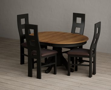 View Extending hertford 100cm - 130cm oak and black painted pedestal dining table with 4 brown painted chairs View Extending hertford 100cm - 130cm oak and black painted pedestal dining table with 4 brown painted chairs