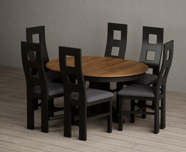 View Extending hertford 100cm - 130cm oak and black painted pedestal dining table with 6 charcoal grey painted chairs View Extending hertford 100cm - 130cm oak and black painted pedestal dining table with 6 charcoal grey painted chairs