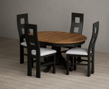 View Extending hertford 100cm - 130cm oak and black painted pedestal dining table with 4 light grey painted chairs View Extending hertford 100cm - 130cm oak and black painted pedestal dining table with 4 light grey painted chairs
