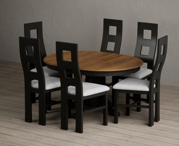 View Extending hertford 100cm - 130cm oak and black painted pedestal dining table with 6 light grey painted chairs View Extending hertford 100cm - 130cm oak and black painted pedestal dining table with 6 light grey painted chairs