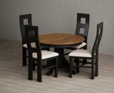 View Extending hertford 100cm - 130cm oak and black painted pedestal dining table with 4 linen painted chairs View Extending hertford 100cm - 130cm oak and black painted pedestal dining table with 4 linen painted chairs