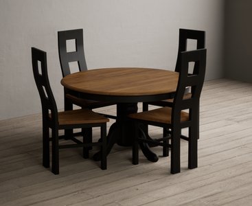 View Hertford 120cm fixed top oak and black painted round pedestal table with 4 rustic oak painted chairs View Hertford 120cm fixed top oak and black painted round pedestal table with 4 rustic oak painted chairs