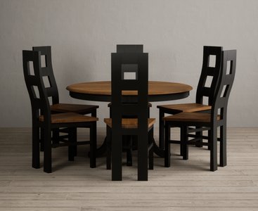 View Hertford 120cm fixed top oak and black painted round pedestal table with 6 rustic oak painted chairs View Hertford 120cm fixed top oak and black painted round pedestal table with 6 rustic oak painted chairs