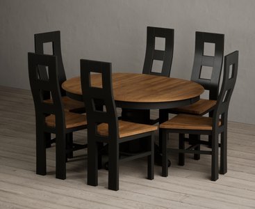 View Extending hertford 100cm - 130cm oak and black painted pedestal dining table with 6 rustic oak painted chairs View Extending hertford 100cm - 130cm oak and black painted pedestal dining table with 6 rustic oak painted chairs