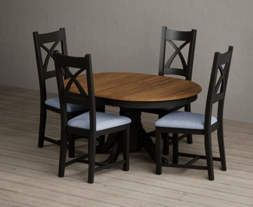 View Extending hertford 100cm - 130cm oak and black painted pedestal dining table with 4 blue painted chairs View Extending hertford 100cm - 130cm oak and black painted pedestal dining table with 4 blue painted chairs