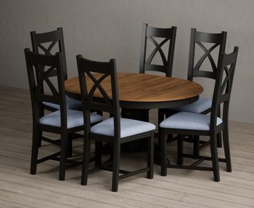 View Extending hertford 100cm - 130cm oak and black painted pedestal dining table with 6 blue painted chairs View Extending hertford 100cm - 130cm oak and black painted pedestal dining table with 6 blue painted chairs