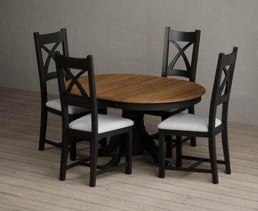 View Extending hertford 100cm - 130cm oak and black painted pedestal dining table with 4 light grey painted chairs View Extending hertford 100cm - 130cm oak and black painted pedestal dining table with 4 light grey painted chairs