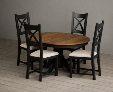 View Extending hertford 100cm - 130cm oak and black painted pedestal dining table with 4 linen painted chairs View Extending hertford 100cm - 130cm oak and black painted pedestal dining table with 4 linen painted chairs