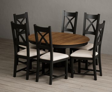 View Extending hertford 100cm - 130cm oak and black painted pedestal dining table with 6 linen painted chairs View Extending hertford 100cm - 130cm oak and black painted pedestal dining table with 6 linen painted chairs