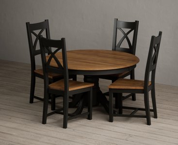 View Hertford 120cm fixed top oak and black painted round pedestal table with 4 rustic oak painted chairs View Hertford 120cm fixed top oak and black painted round pedestal table with 4 rustic oak painted chairs