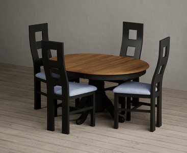 View Extending hertford 100cm - 130cm oak and black painted pedestal dining table with 4 blue painted chairs View Extending hertford 100cm - 130cm oak and black painted pedestal dining table with 4 blue painted chairs