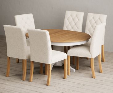 View Extending hertford 100cm - 130cm oak and soft white painted pedestal dining table with 6 natural isabella chairs View Extending hertford 100cm - 130cm oak and soft white painted pedestal dining table with 6 natural isabella chairs